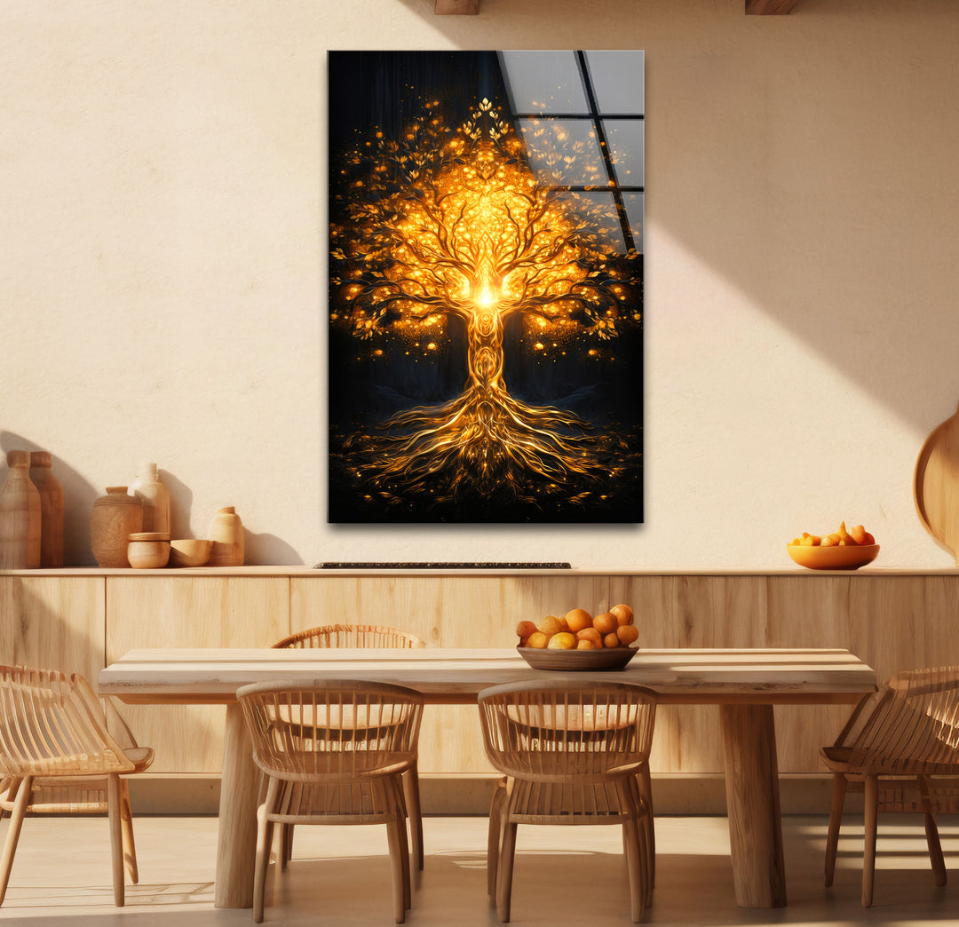 Goldene Fantasiebaum-Wandkunst – Beleuchtetes abstraktes Glasdruckdesign