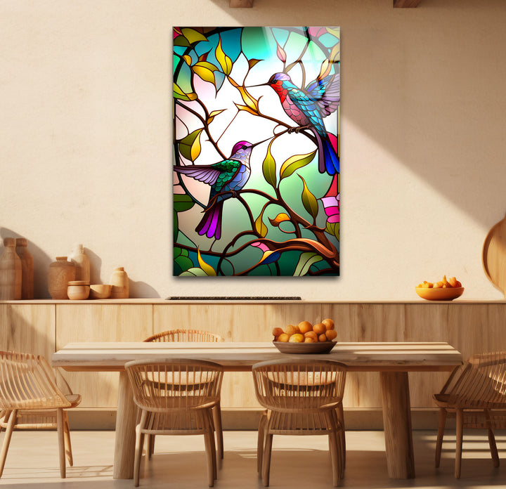 Hummingbirds Stained Glass Wall Art – Colorful Bird & Branch Glass Print