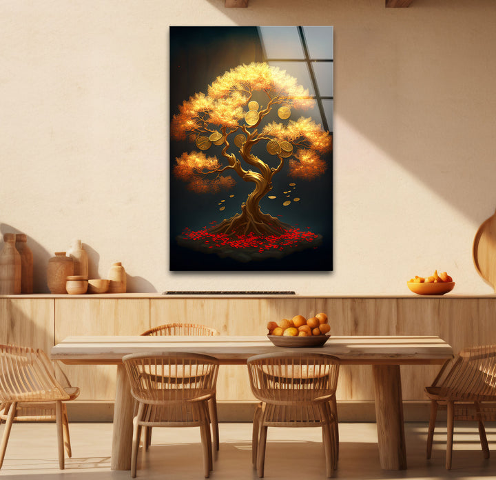 Goldener Geldbaum als Wanddekoration – Symbol für Wohlstand und Reichtum aus Glas