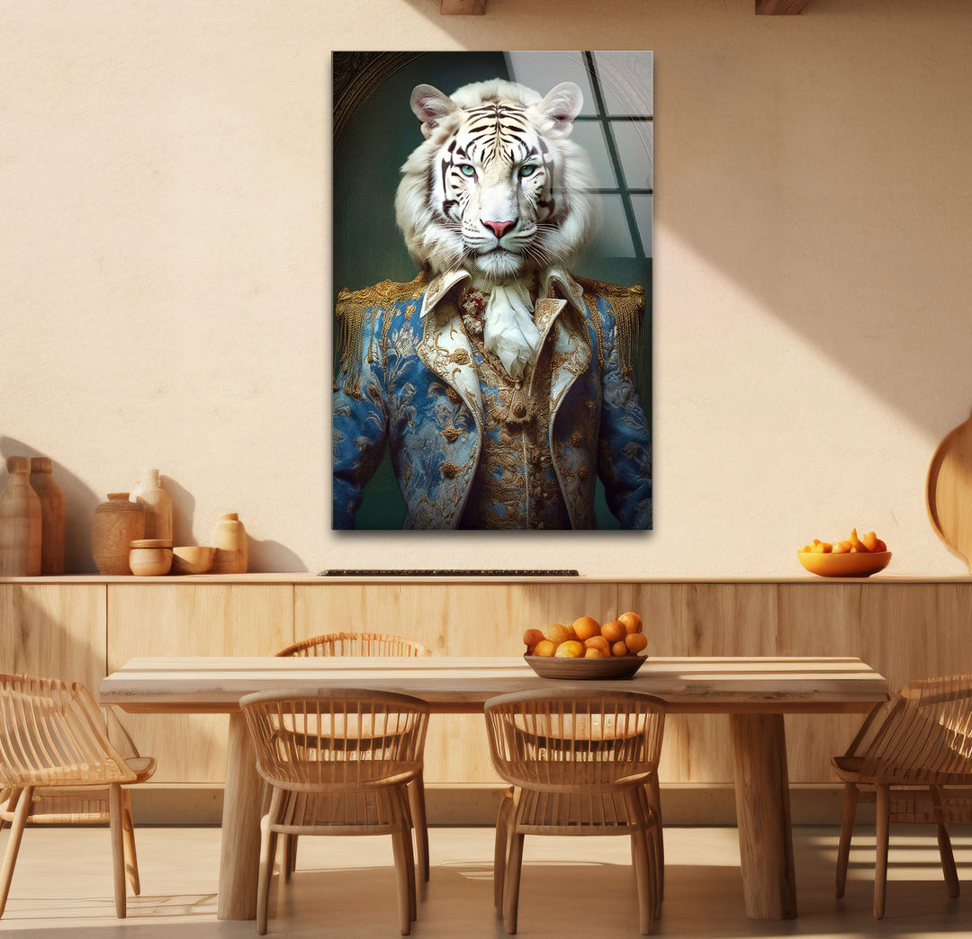 Königliches weißes Tigerporträt als Wandkunst – Kunstwerk im königlichen Tierkostüm