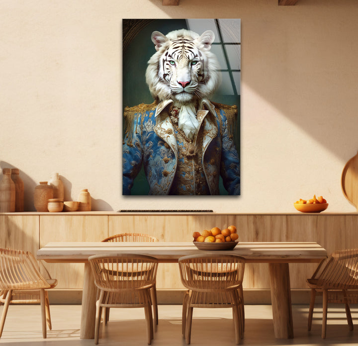 Königliches weißes Tigerporträt als Wandkunst – Kunstwerk im königlichen Tierkostüm