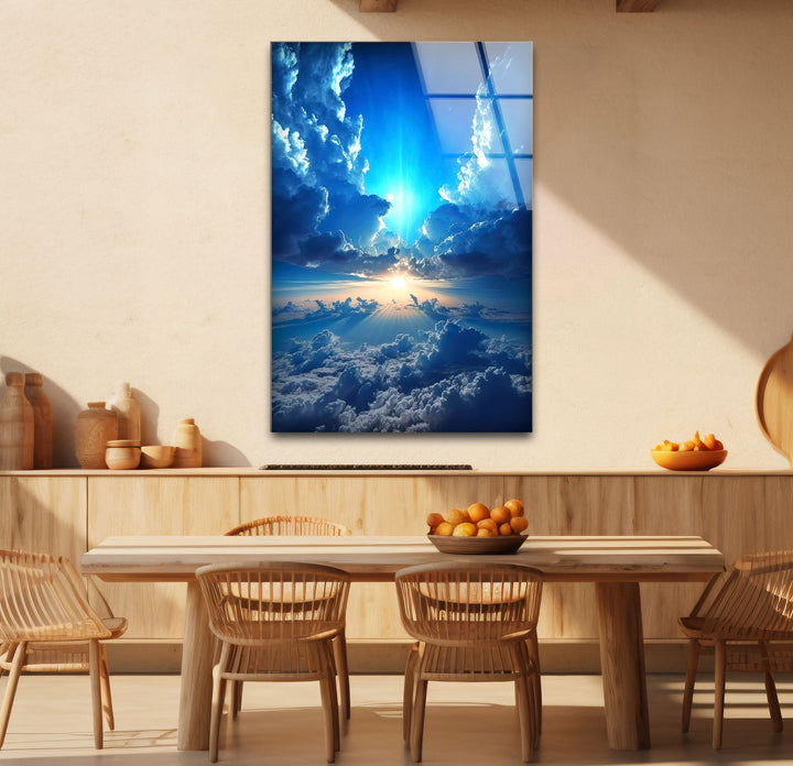Himmlischer Himmel Wandkunst – Strahlende Wolken und Lichtstrahl Glasdruck