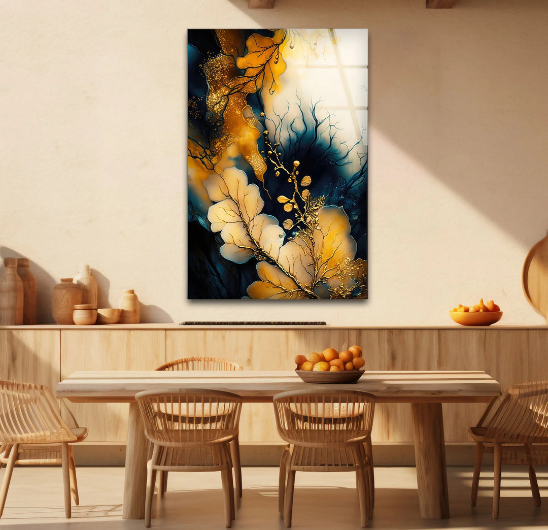 Golden Botanical Abstract Wall Art – Elegant Navy and Gold Glass Print for Luxe Interiors - MyPhotoStation