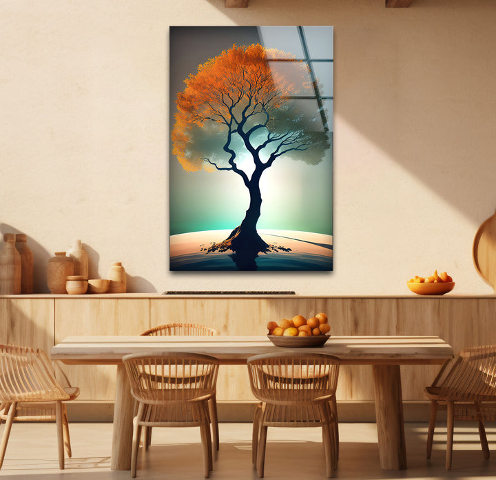 Minimalistische Wandkunst mit Lebensbaum – Orangefarbenes Kronenglas-Druckdesign