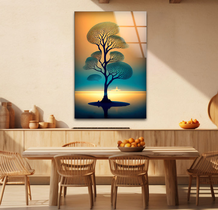 Serene Tree of Life Wall Art – Sailboat Sunset Glass Print Design