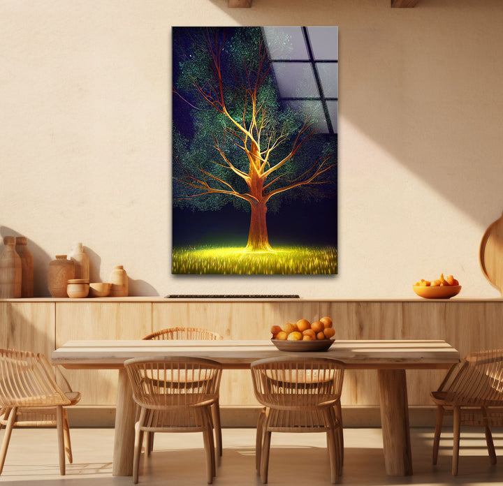 Leuchtende Baum-Wandkunst – Beleuchtetes Nachtwald-Glasdruckdesign