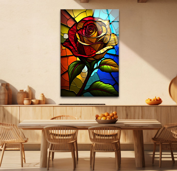Rote Rose Buntglas-Wandkunst – Farbenfrohes florales Glasdruck-Design