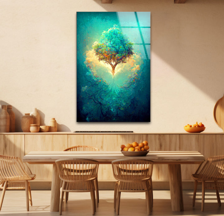 Schwebender Lebensbaum Wandkunst – Leuchtende Wurzeln Fantasy Glasdruck