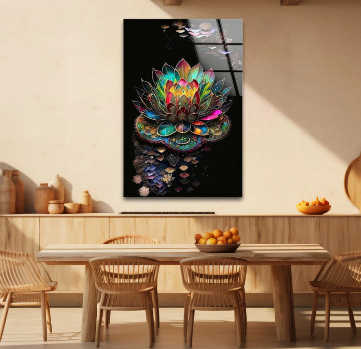 Radiant Lotus Flower Wall Art – Colorful Mandala Glass Print for Spiritual and Zen Decor - MyPhotoStation