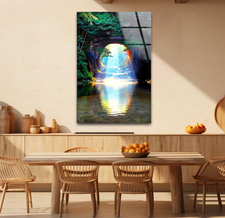 Waldlichttunnel-Wandkunst – Sonnenstrahlreflexions-Glasdruckdesign