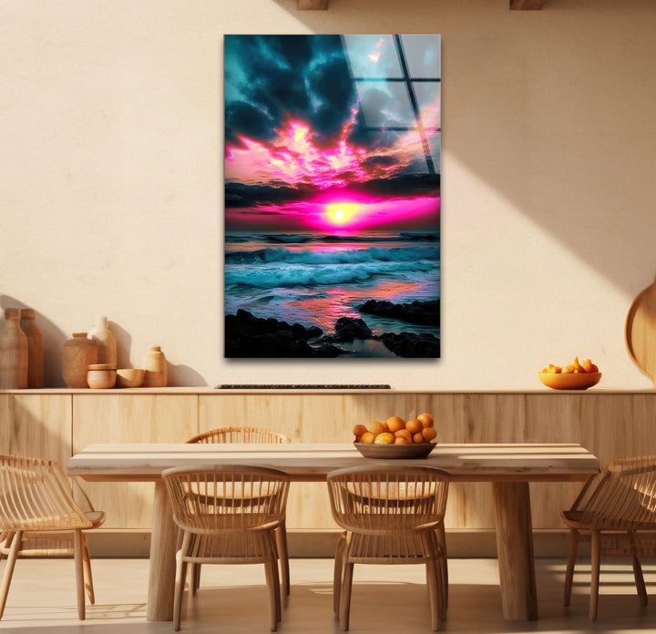 Lebendige Sonnenuntergang Ozean Wandkunst – Rosa Himmel &amp; Wellen Glasdruck-Design