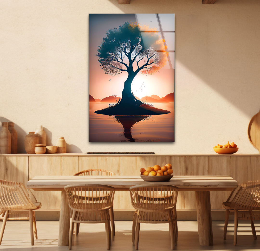 Sonnenuntergang Baum des Lebens Wandkunst – Silhouette Insel Glasdruck Dekor