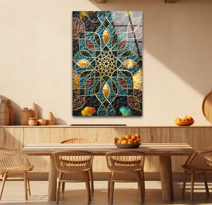 Goldene Mandala-Wandkunst – Geometrisches blaugrünes und schwarzes Muster-Glasdruckdesign