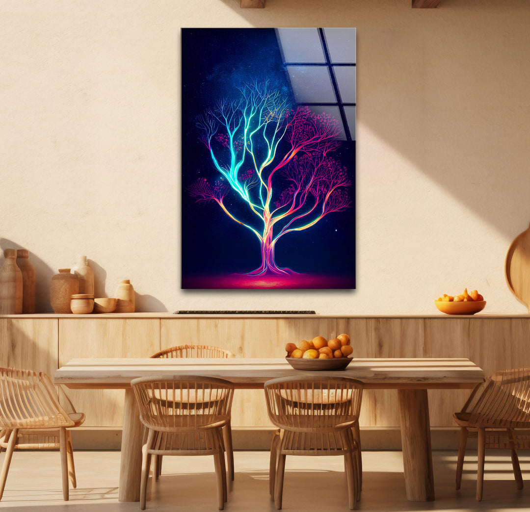 Neonbaum-Wandkunst – Kosmisches Nachtbaum-Glasdruckdesign