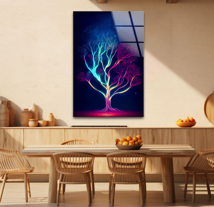 Neonbaum-Wandkunst – Kosmisches Nachtbaum-Glasdruckdesign