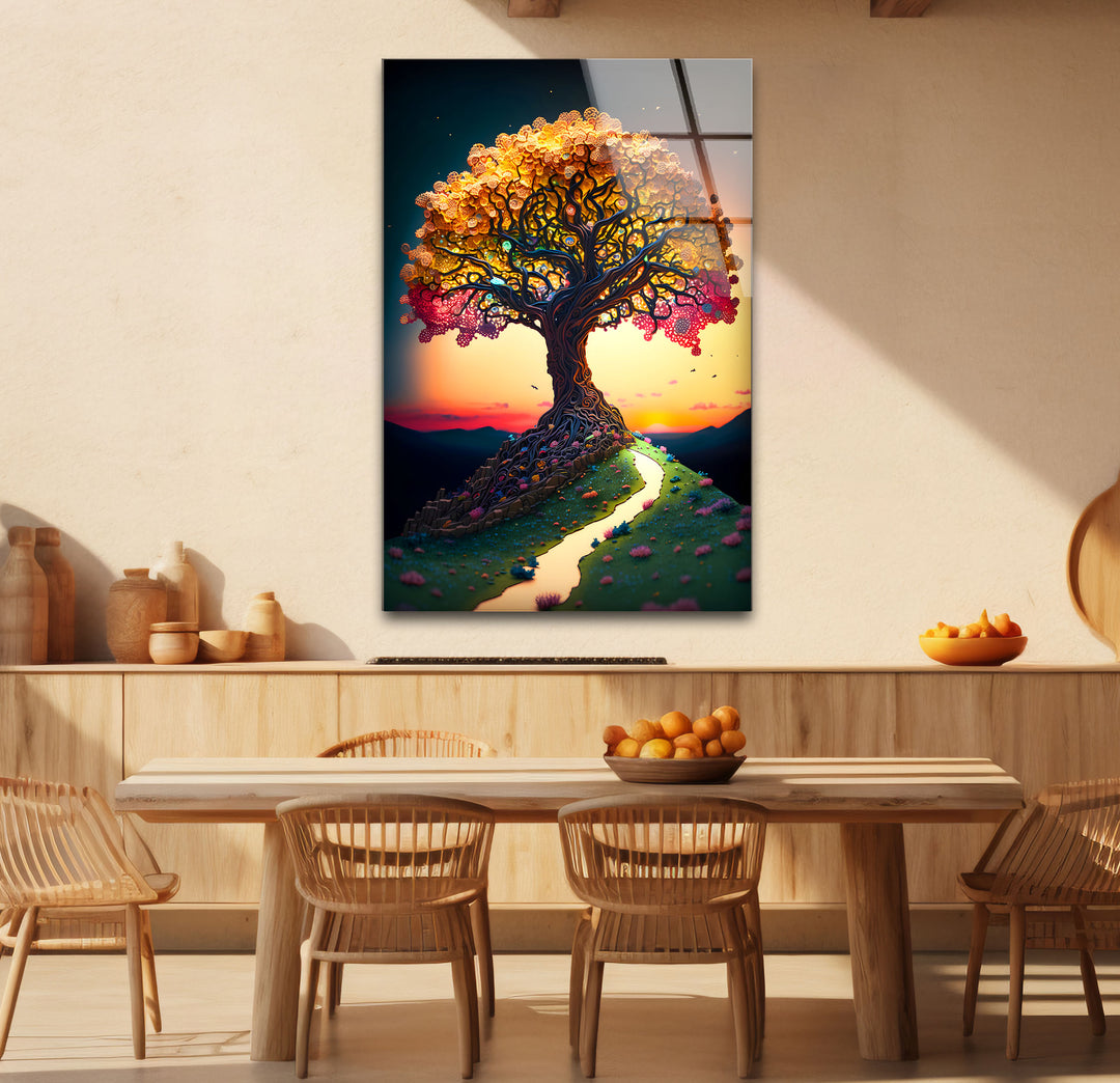Verträumte Wandkunst mit Lebensbaum – Sonnenuntergangspfad, Fantasy-Glasdruck-Design