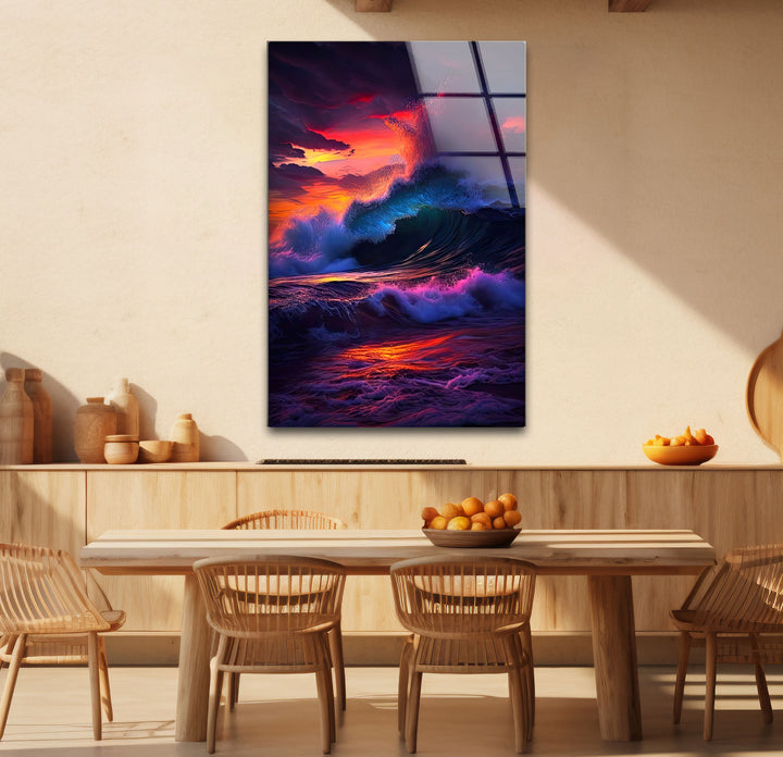 Wandkunst mit krachenden Wellen bei Sonnenuntergang – Dramatisches Ozean-Glasdruck-Design