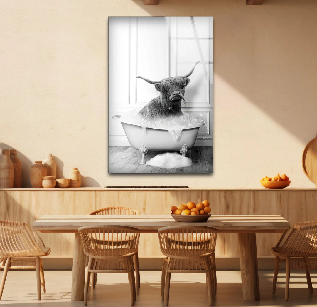Highland Cow Bubble Bath Wall Art – Funny Black and White Glass Print for Bathroom Decor - MyPhotoStation
