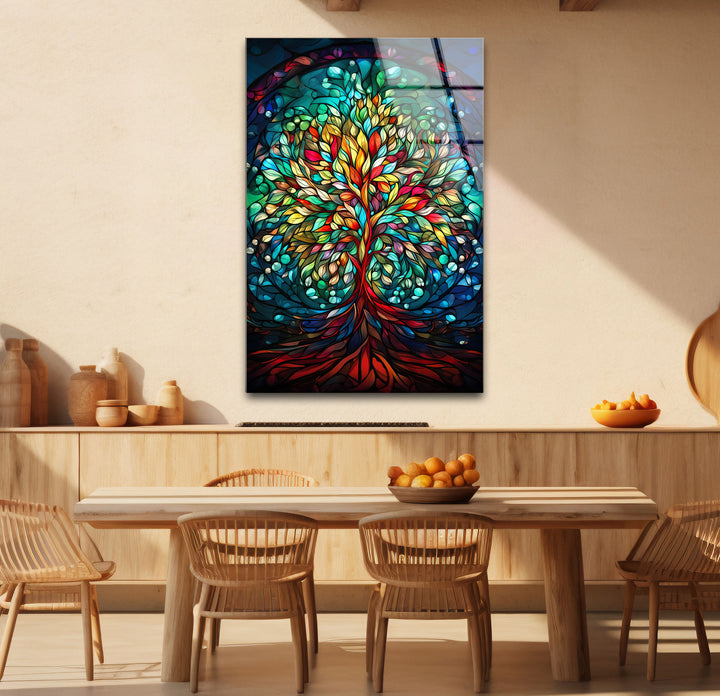 Baum des Lebens Buntglas-Wandkunst – Farbenfrohes vertikales Glasdruckdesign