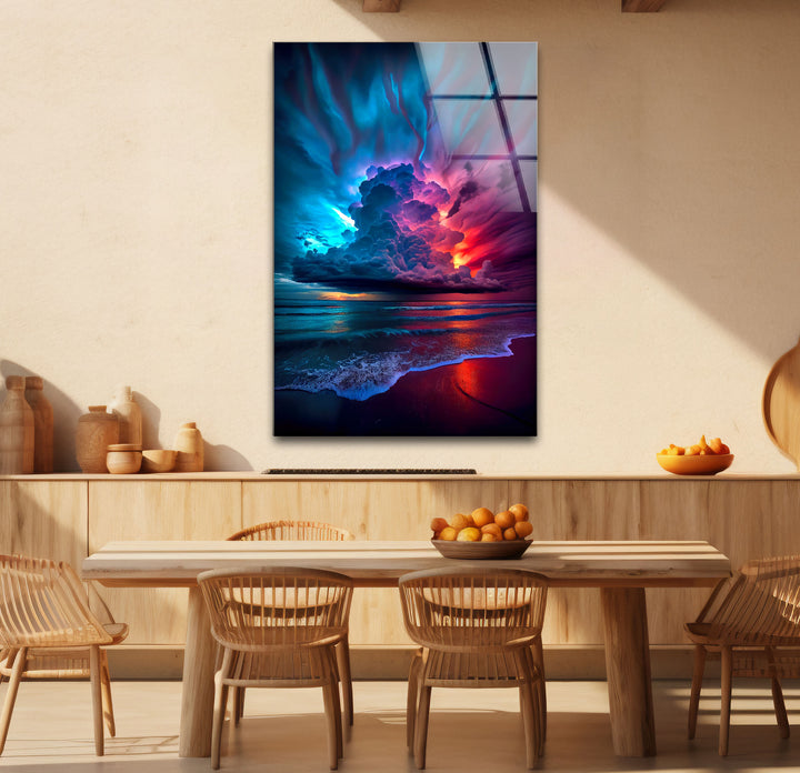 Wandkunst mit stürmischem Strandsonnenuntergang – Lebendiges Himmel- und Ozean-Glasdruckdesign