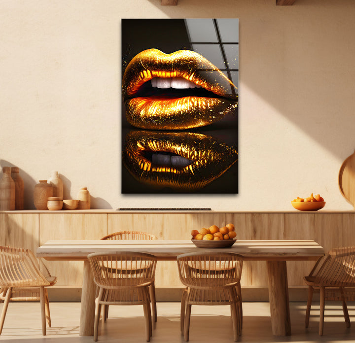 Goldene Lippen Wandkunst – Glamouröses funkelndes Mund-Glasdruck-Design