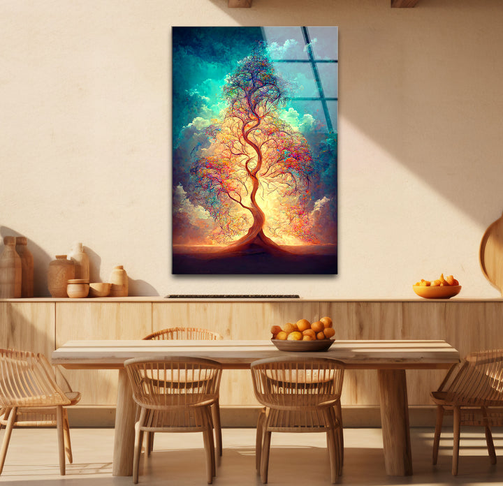 Strahlender Lebensbaum Wandkunst – Ätherisches Licht Fantasy Glasdruck