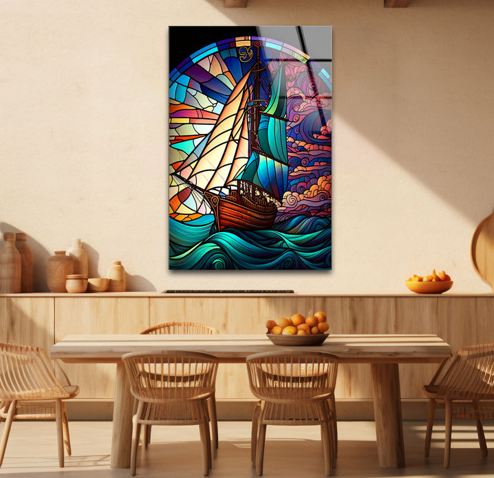 Segelschiff Buntglas Wandkunst – Maritimer Ozeanwellen-Glasdruck