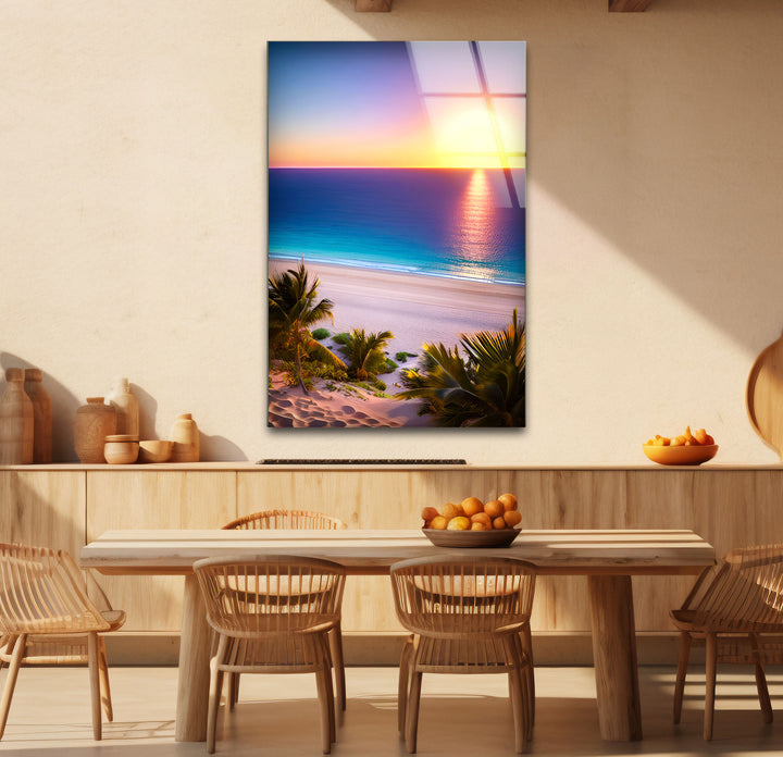Tropischer Strand Sonnenuntergang Wandkunst – Lebendiger Ozeanhorizont Glasdruck
