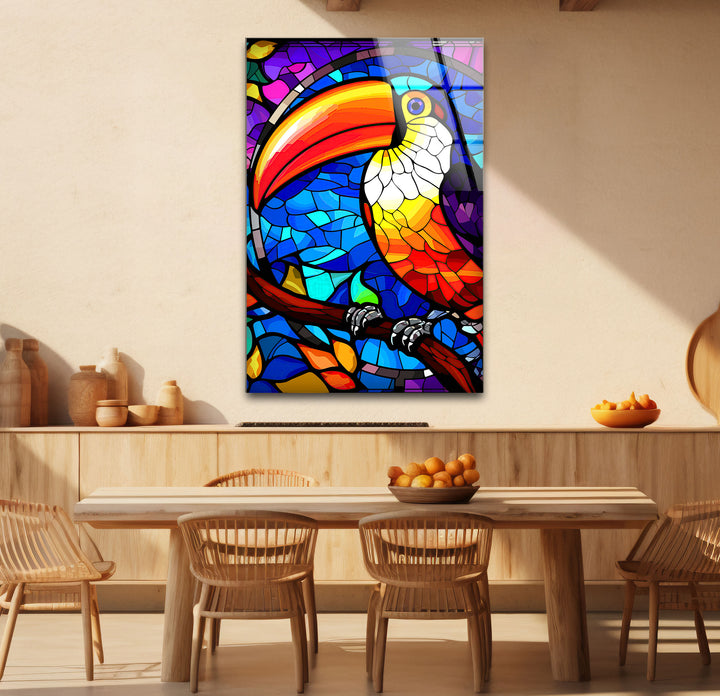 Tukan-Wandkunst aus Buntglas – Lebendiges Glasdruckdesign mit tropischem Vogel