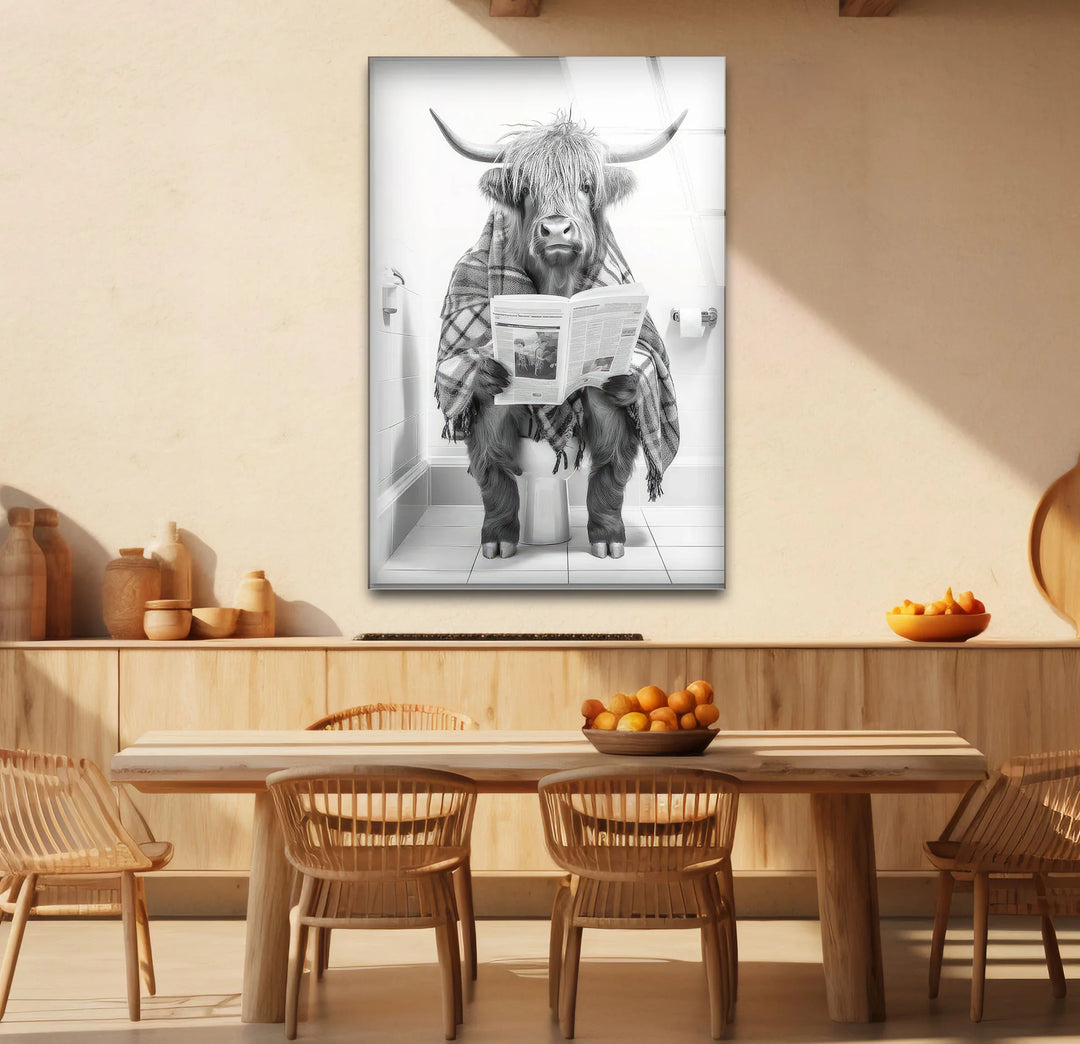 Plaid Highland Cow Bathroom Wall Art – Funny Black and White Glass Print for Rustic Decor - MyPhotoStation