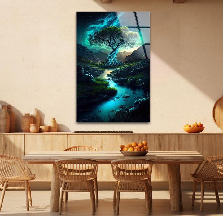 Mystisch leuchtender Baum als Wandkunst – Verzauberter Nachtstrom als Glasdruck