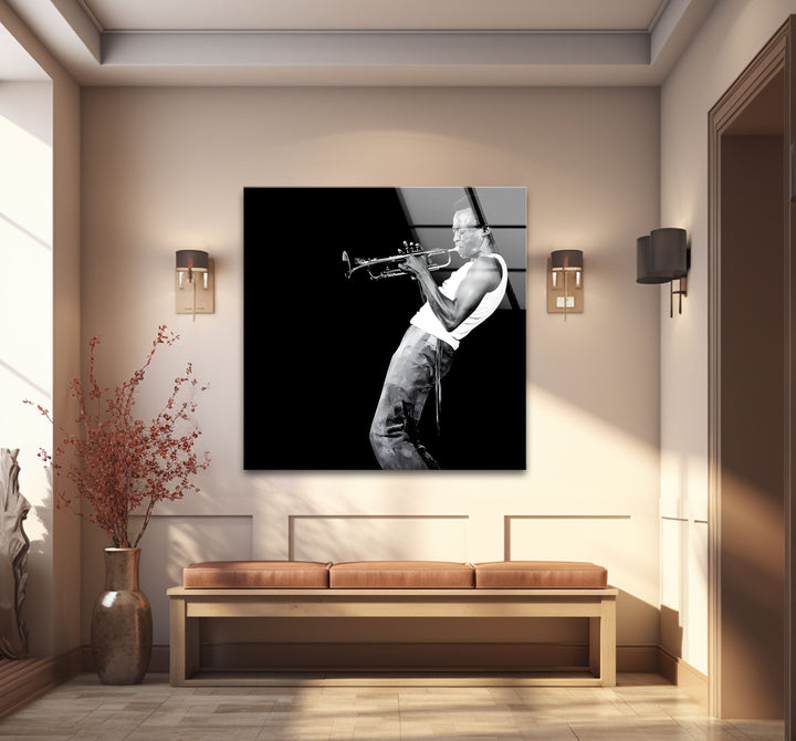 Bold black and white framed art of Miles Davis, blending musical inspiration with modern design.