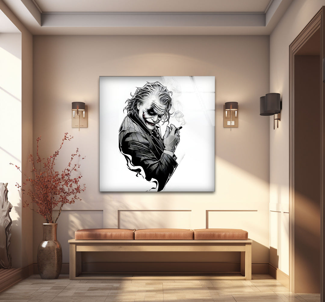 Captivating black and white framed art of the Joker, emphasizing bold lines and a striking silhouette.
