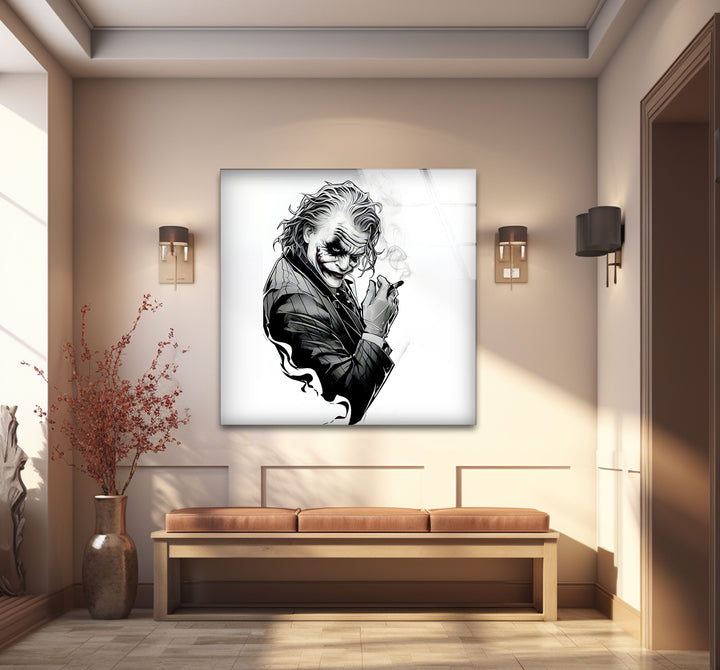 Captivating black and white framed art of the Joker, emphasizing bold lines and a striking silhouette.