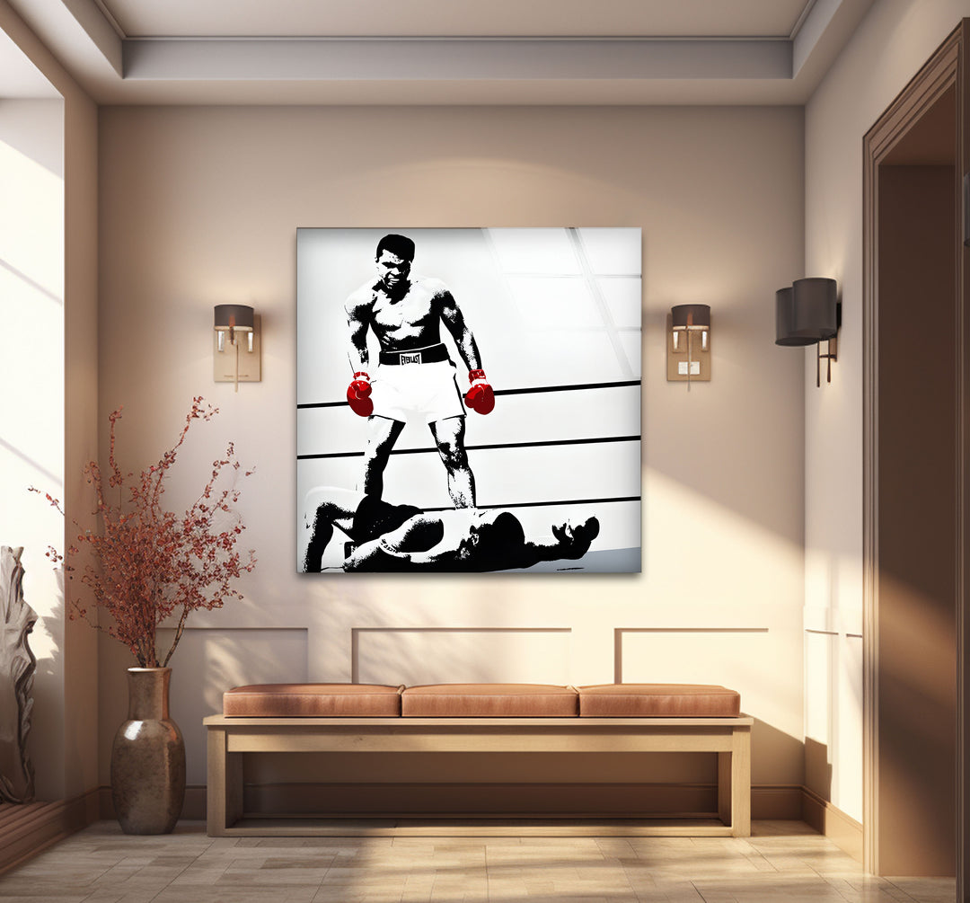 Captivating black and white paintings of Muhammad Ali with high-contrast shading and bold outlines.