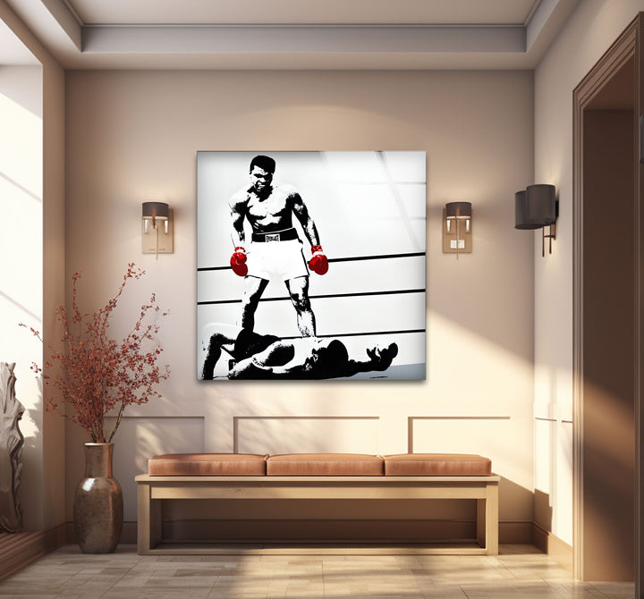 Captivating black and white paintings of Muhammad Ali with high-contrast shading and bold outlines.