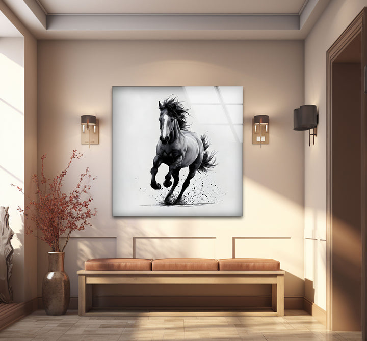 Bold black and white paintings capturing the raw energy of a horse in mid-gallop.
