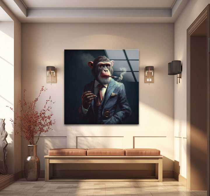 Smoking Monkey Wall Art – Funny Dressed-Up Chimp in Suit Glass Print for Bold Modern Decor - MyPhotoStation