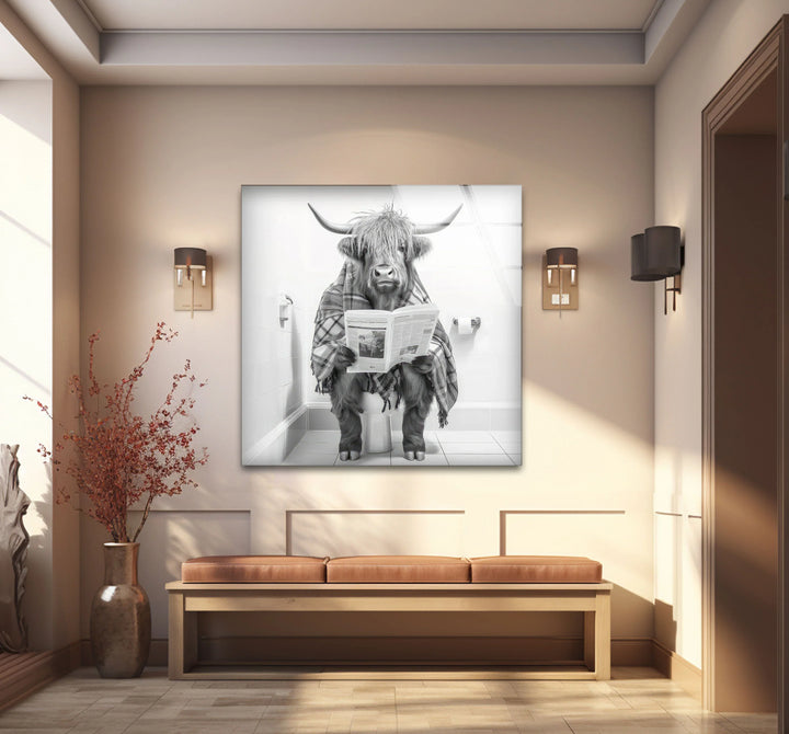 Plaid Highland Cow Bathroom Wall Art – Funny Black and White Glass Print for Rustic Decor - MyPhotoStation