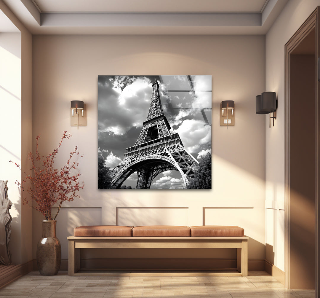 Striking black and white abstract art celebrating the Eiffel Tower’s architectural brilliance in a close-up view
