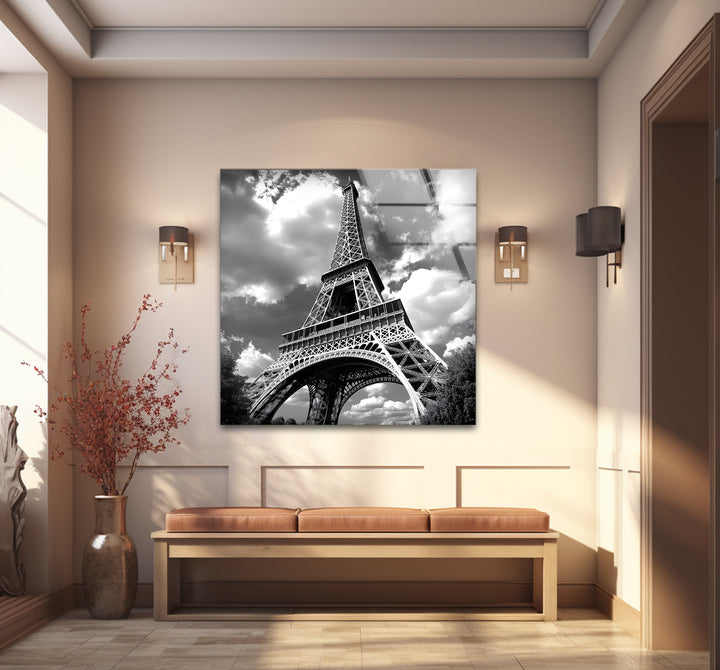 Striking black and white abstract art celebrating the Eiffel Tower’s architectural brilliance in a close-up view
