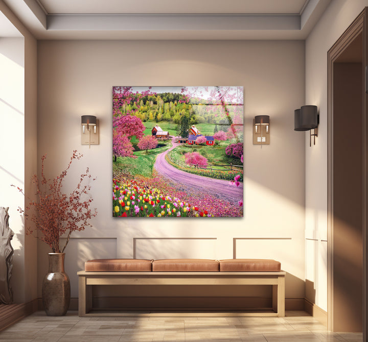 Frühlingswiese Glaswandkunst – Lebendige Blumen &amp; Landstraße