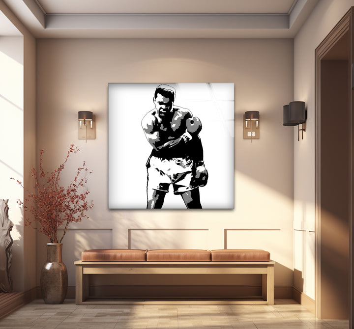 Striking black and white abstract art celebrating Muhammad Ali's legacy in a stylish print
