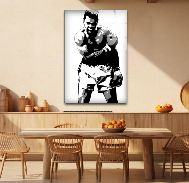 Bold black and white framed art of Muhammad Ali combining iconic imagery with artistic flair
