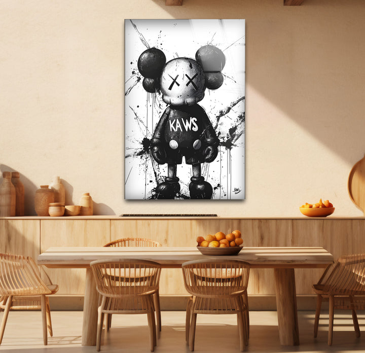 Captivating black and white abstract art of Mickey Mouse with Kaws’ signature cross-eyed style.