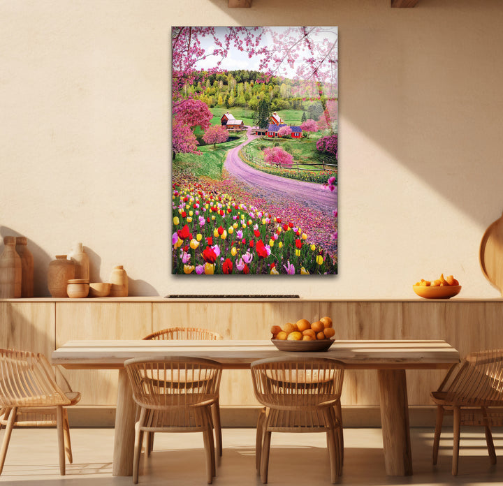 Frühlingswiese Glaswandkunst – Lebendige Blumen &amp; Landstraße