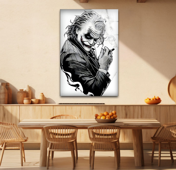 Elegant black and white wall decor capturing the Joker’s iconic persona with minimalist details.