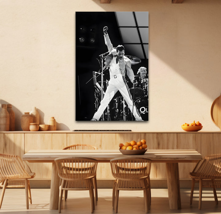 Dynamic black and white abstract art of Freddie Mercury on stage.