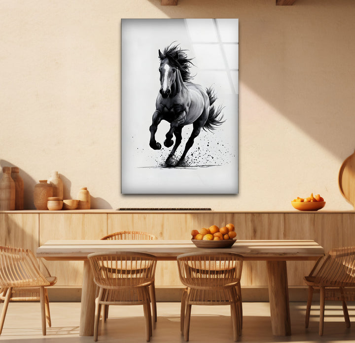 Refined black and white abstract drawings of running horses, blending motion with artistic flair.