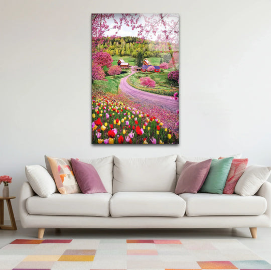 Spring Meadow Glass Wall Art – Vibrant Flowers & Country Road - MyPhotoStation